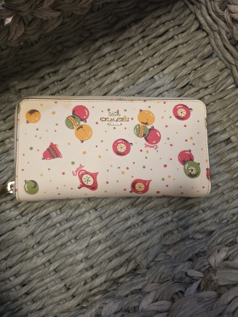 Coach Cream Zip Wallet with Pink, Orange and Green Ornament Print